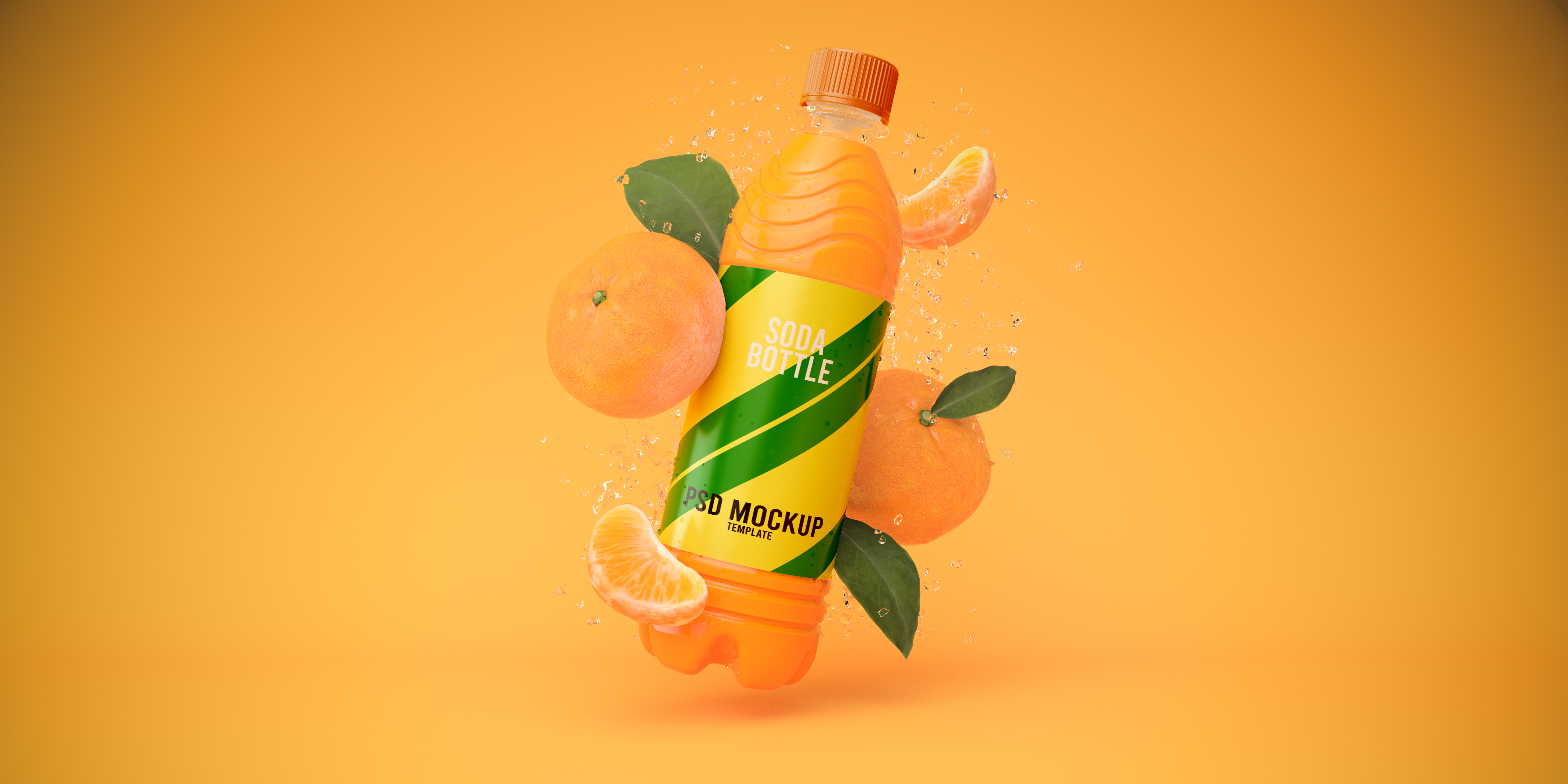 Мандарин макет бутылки содовой на оранжевом фоне 3D визуализации
