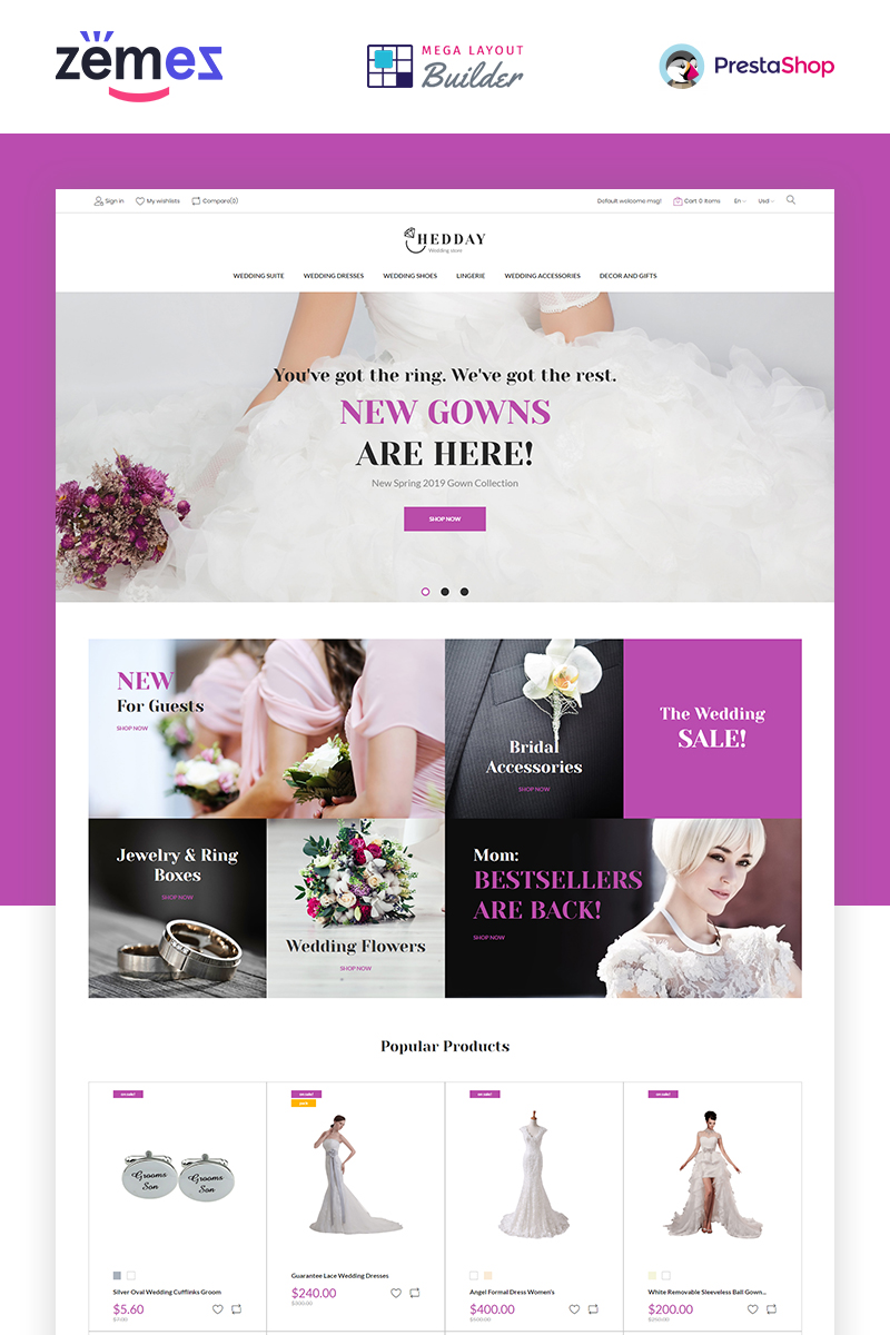 PrestaShop шаблон готовый интернет-магазин, свадебной тематики
