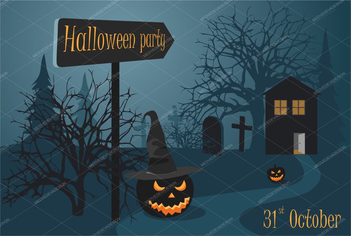 Хэллоуин вечеринка возле кладбища и леса: Две страшные тыквы