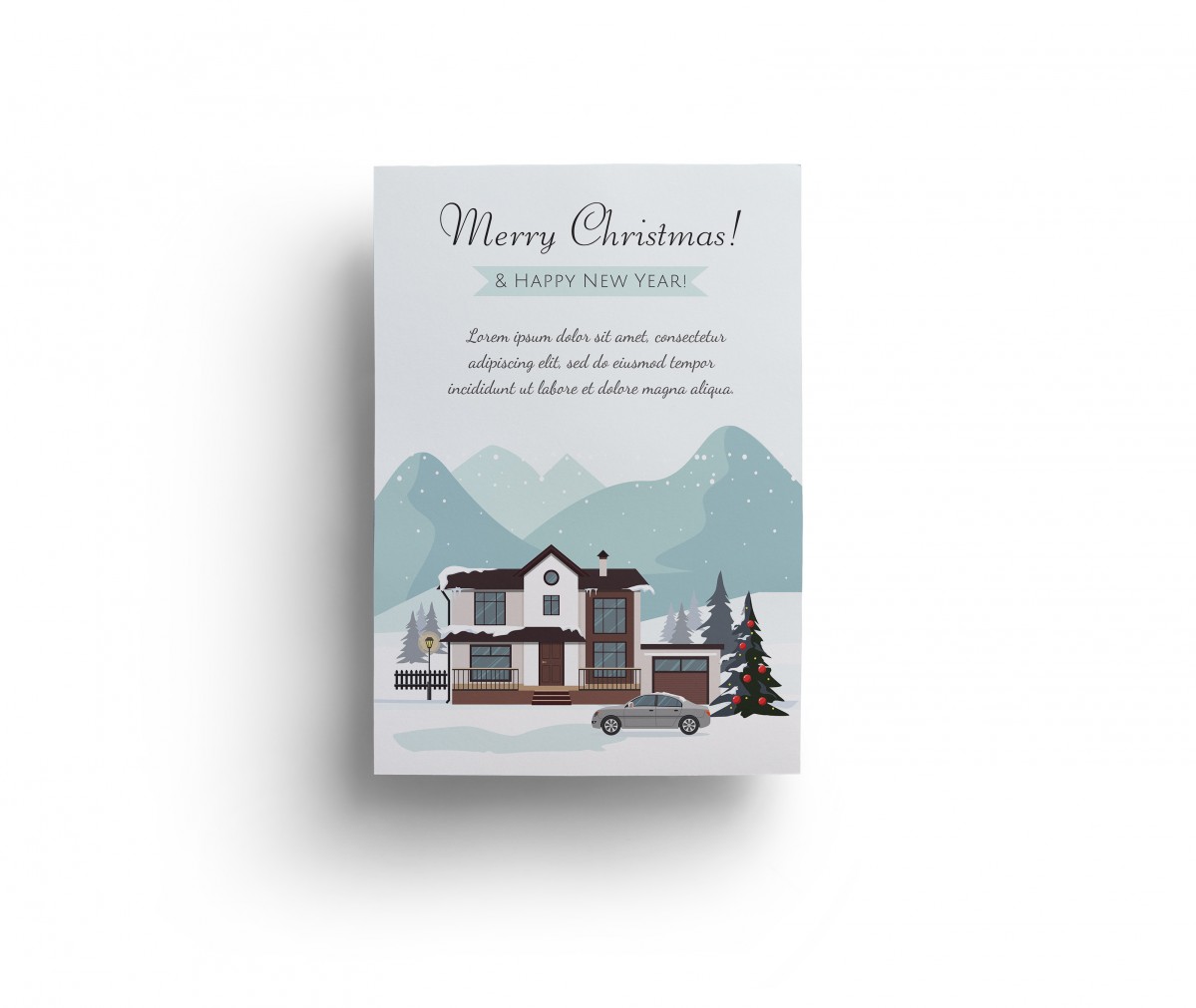 Рождественская открытка. Коттедж с автомобилем на фоне гор.