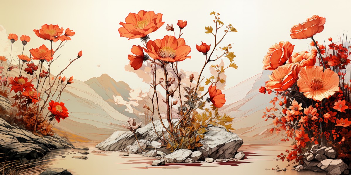 Красивый пейзаж с цветами и растения в графическом, рисованном стиле