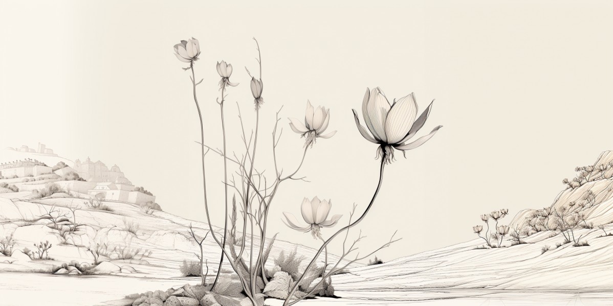 Пейзаж с цветами и растения в графическом иллюстративном стиле