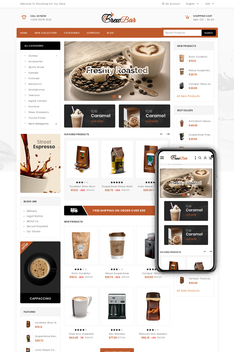 PrestaShop шаблон готовый интернет-магазин, для кафе или ресторана